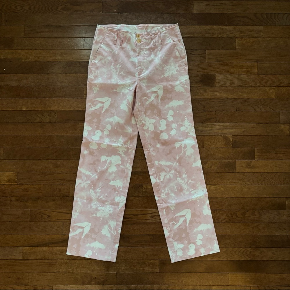 Anthropologie Floral Print Bleached Soft Pink High Waist Straight Leg Pants